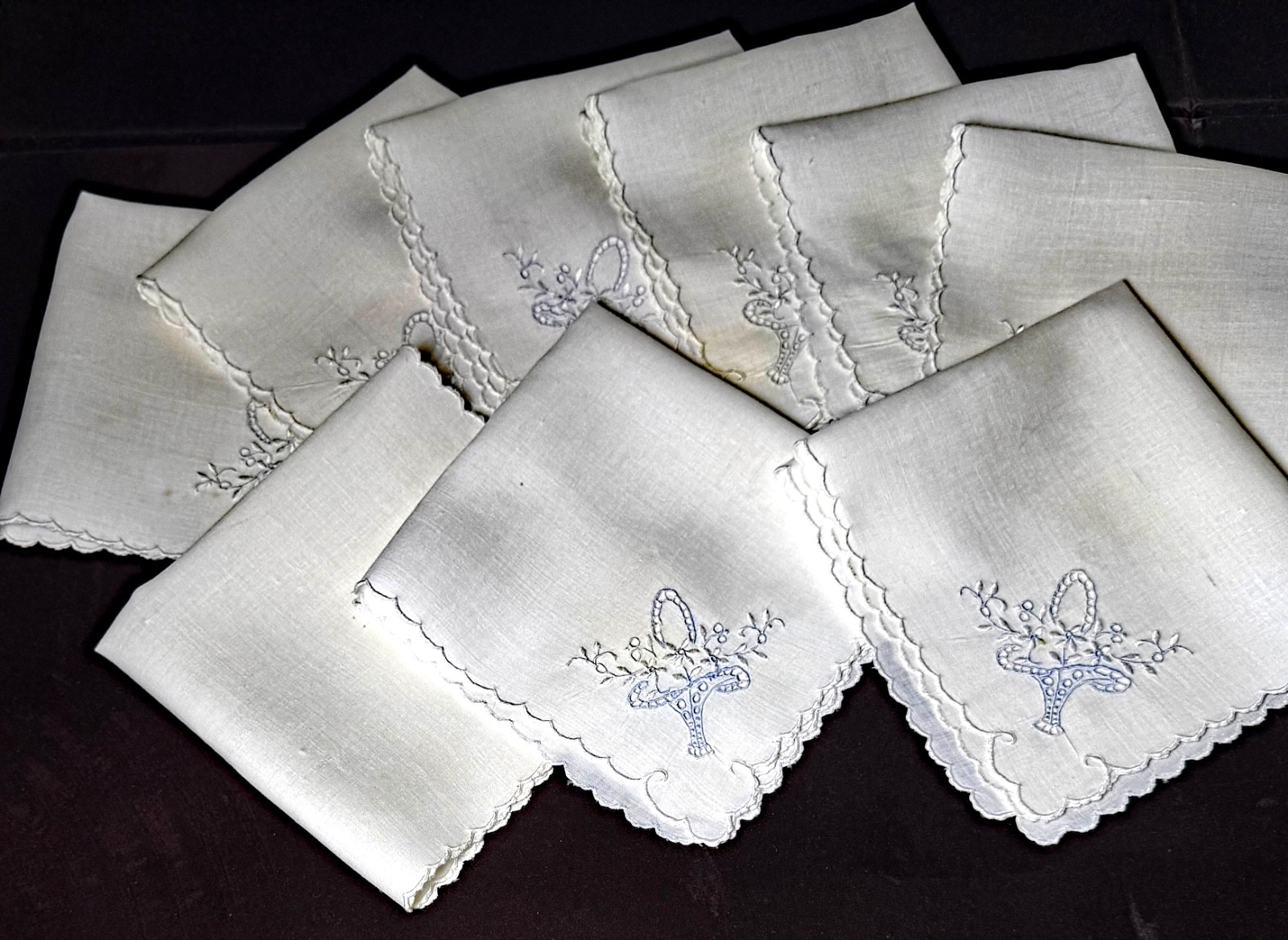 9 Vintage Madeira Hand Embroidered Luncheon Napkins with Scalloped Edges  B257