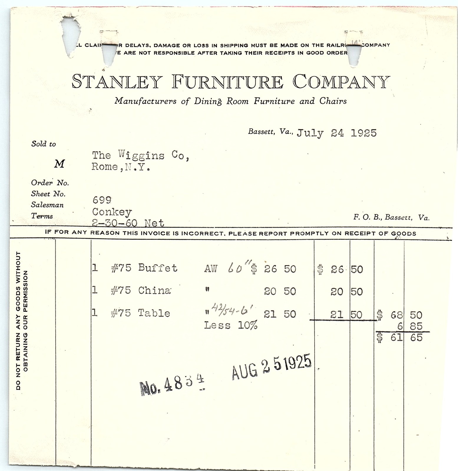 1925 Stanley Furniture Company Billhead / Invoice