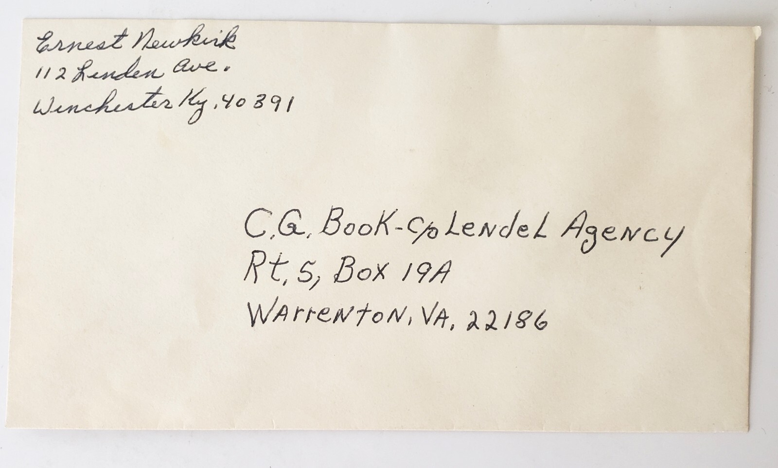Empty Sealed  Envelope From: Ernest Newkirk KY To: C.G. Book Warrenton VA.