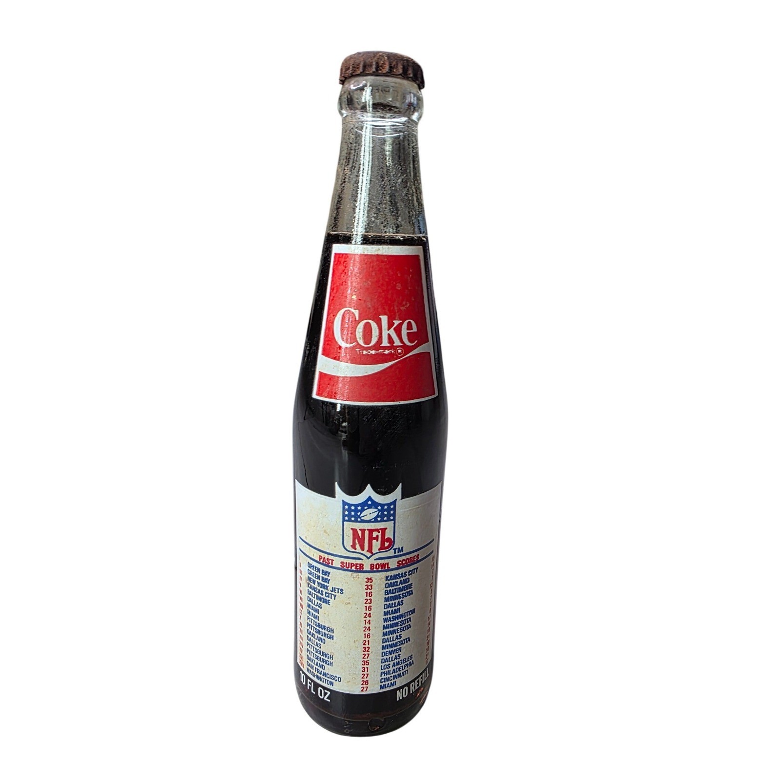 Vintage 1984 Coca-Cola Super Bowl XVIII Tampa Florida Full 10oz Bottle NFL Score