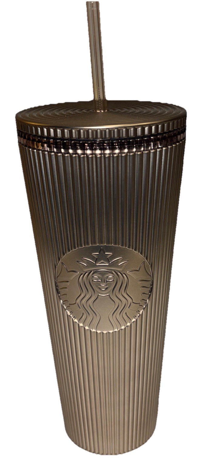 STARBUCKS Champagne Bronze  Pleated Metallic 24oz Venti Iced Tumble w/ Straw