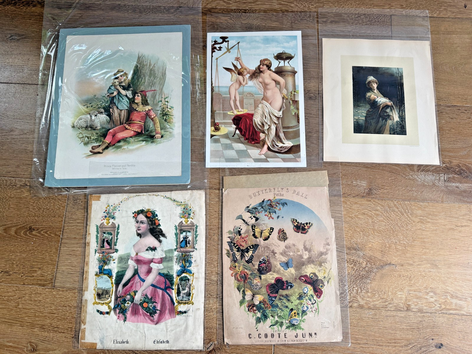 Lot of 5 Vintage 1890s–1900s Chromolithograph Prints – Allegorical Romantic & Ad