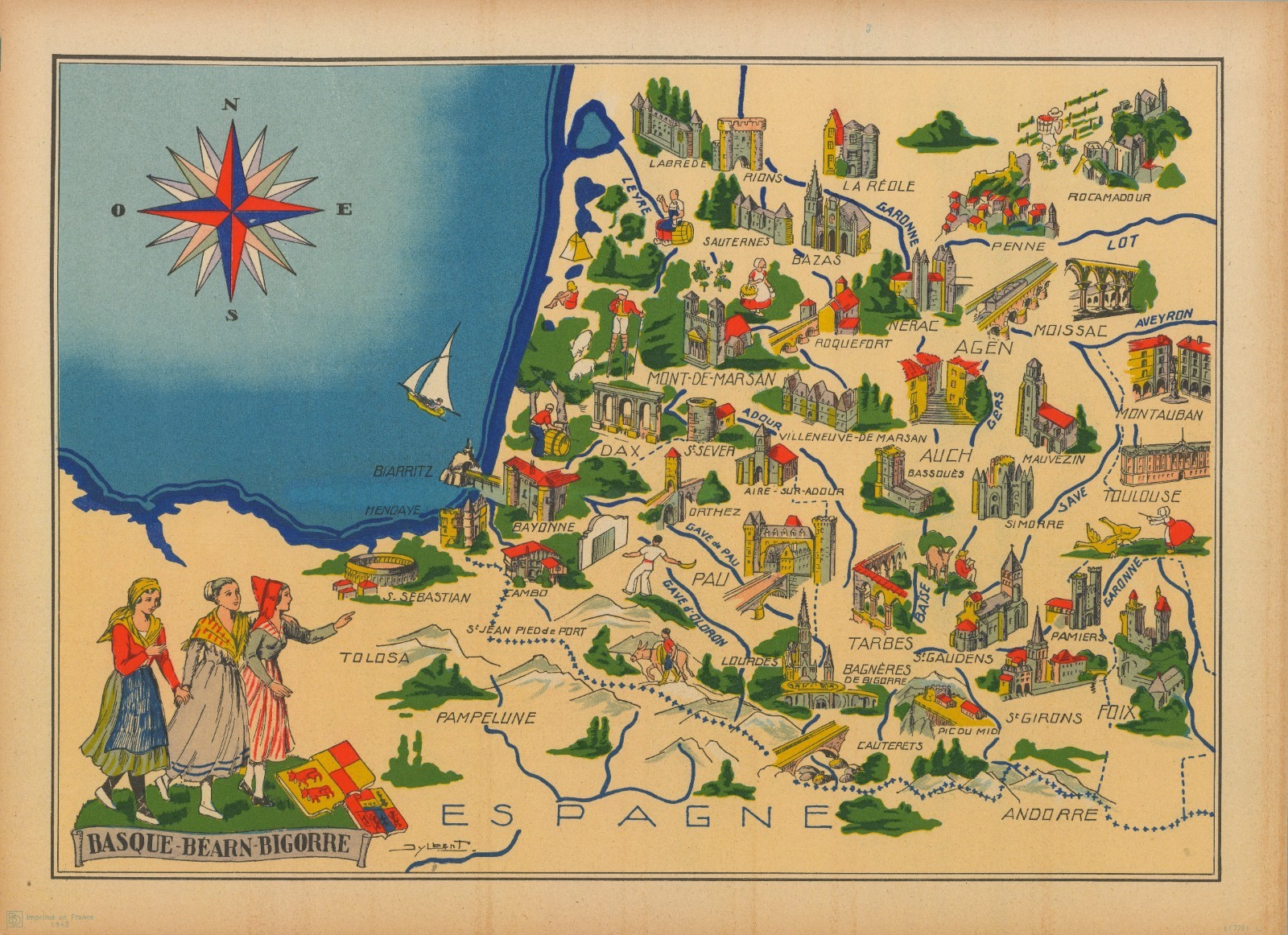 1943 Jylbert Colorful Pictorial Map of the Basque Region