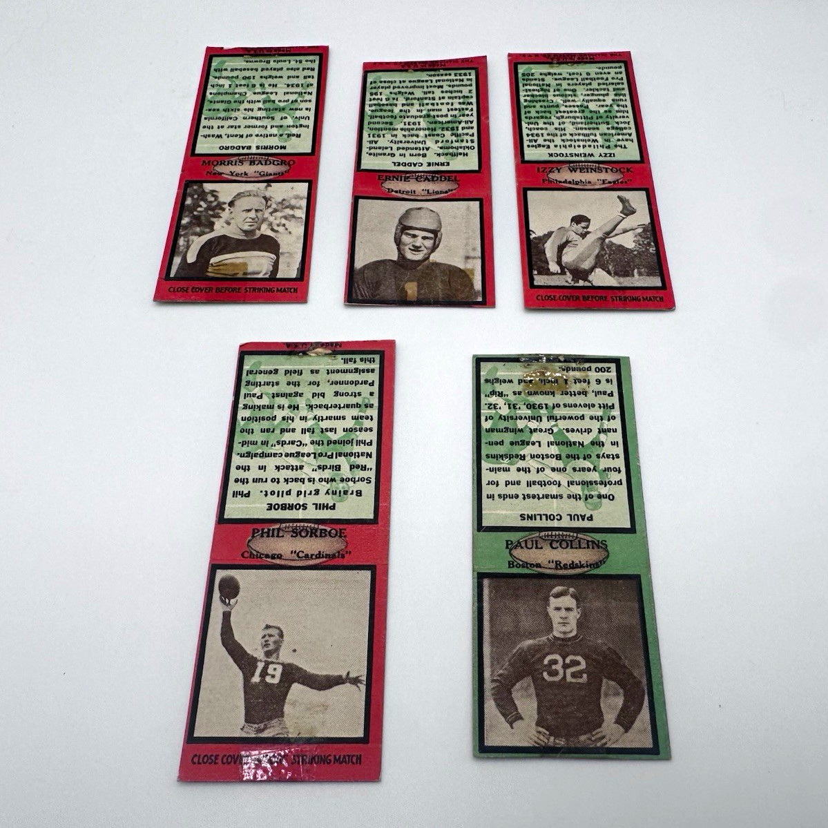 E.F.D. Diamond Matchbook Back 1934 NFL Football Card Lot 5 Badgro Caddel