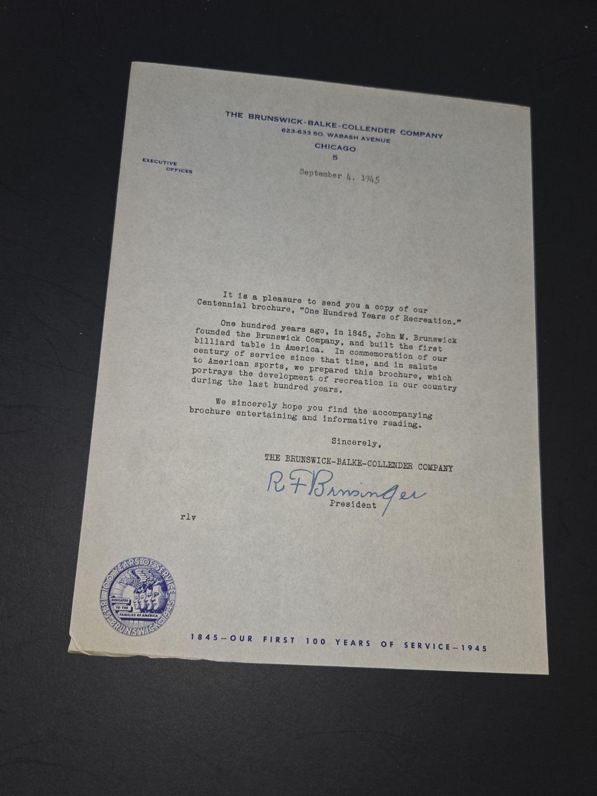 1943 Typed Letter Signed By Brunswick- Balke Collender Company President