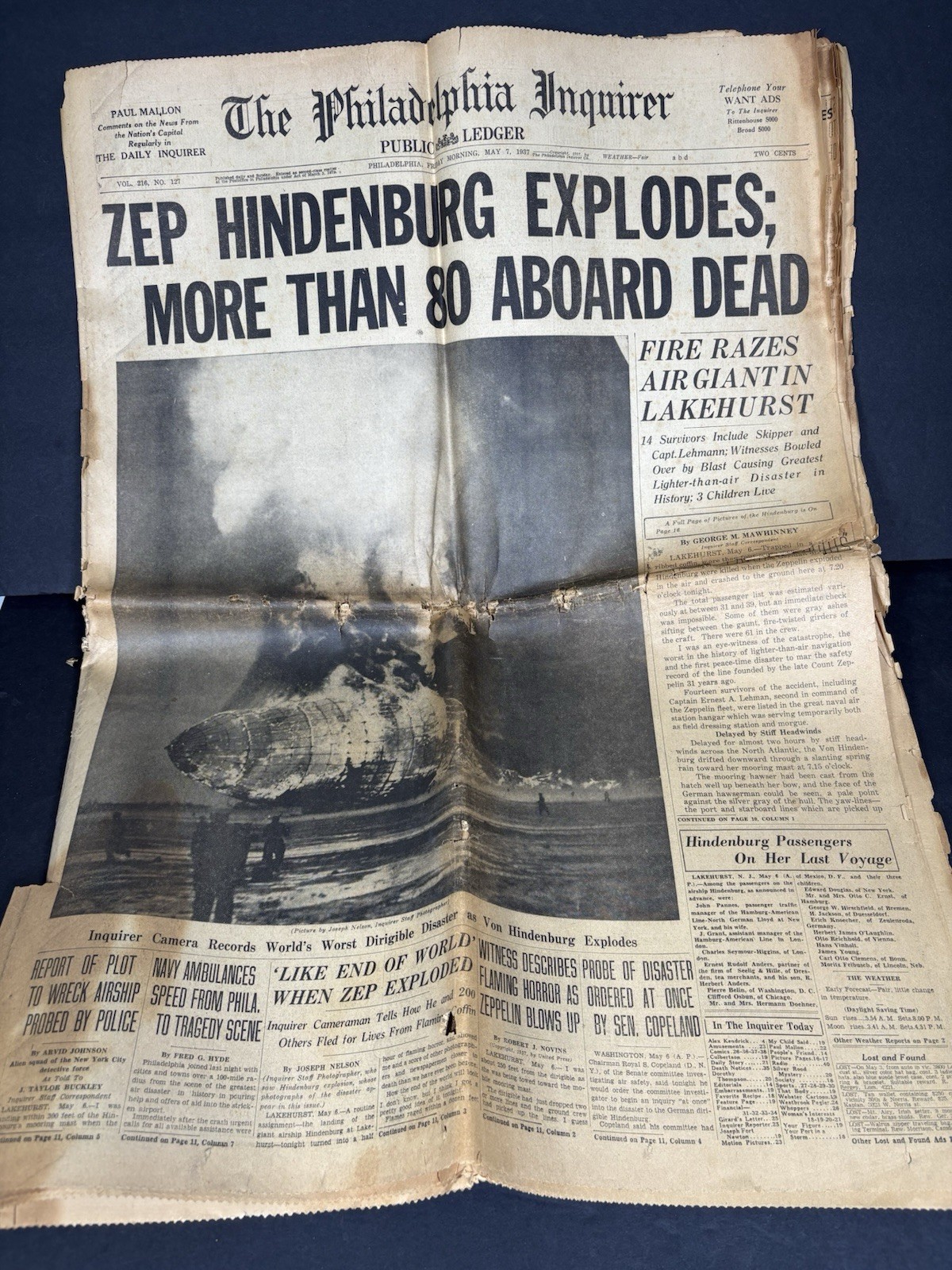1937 Philadelphia Record Hindenburg Disaster Newspaper May 7 Original AS IS