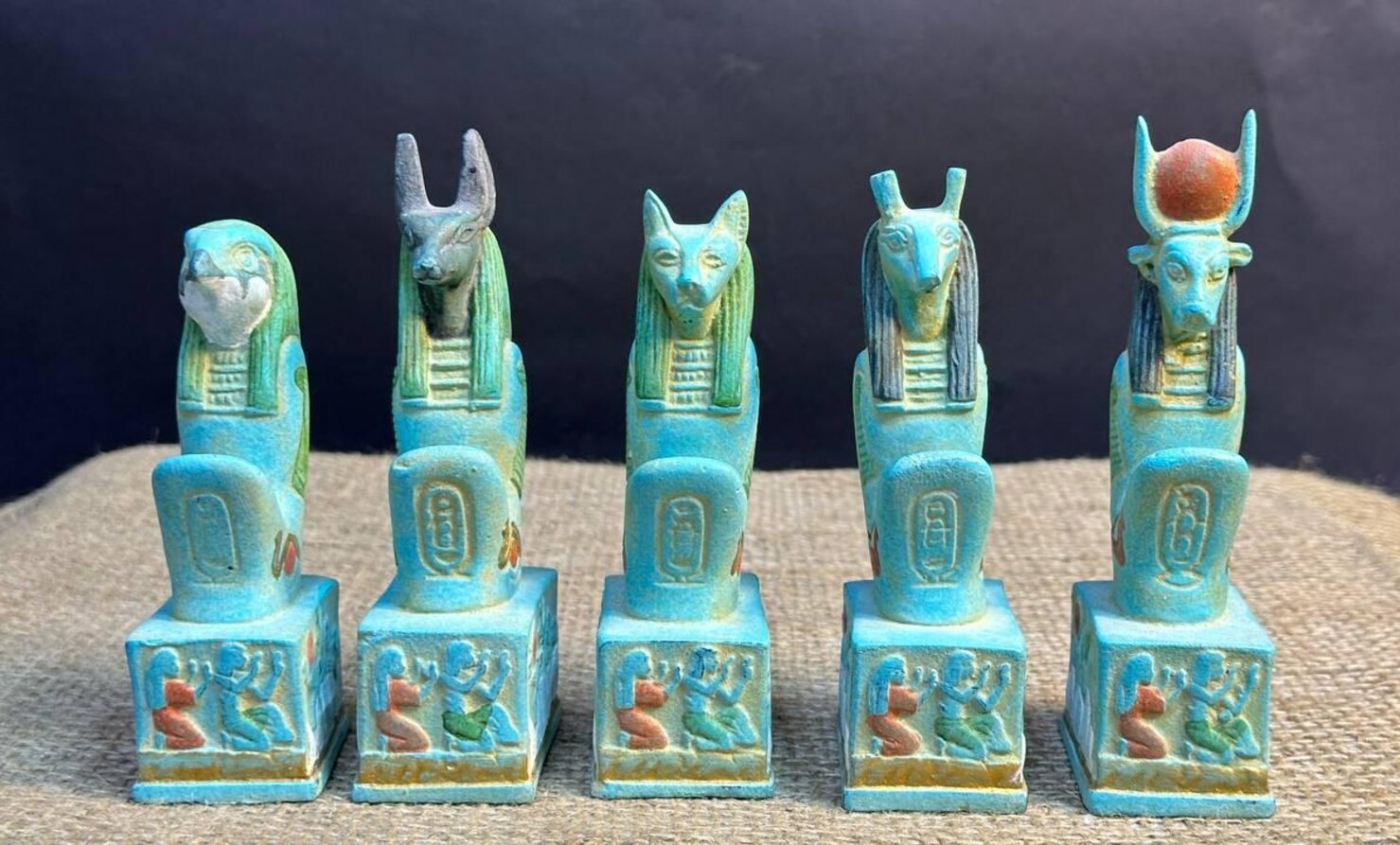 Rare Ancient Egyptian Antiques Set of Goddess Anubis, Cat, Hathor, Horus, Set BC
