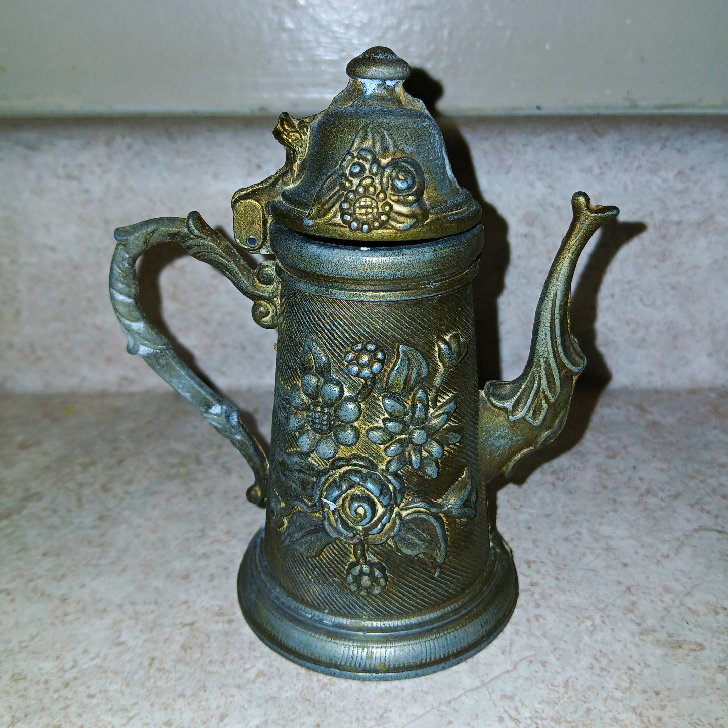 Vintage Miniature Pewter Coffee Pot Figurine Ornate Floral Relief 4.5