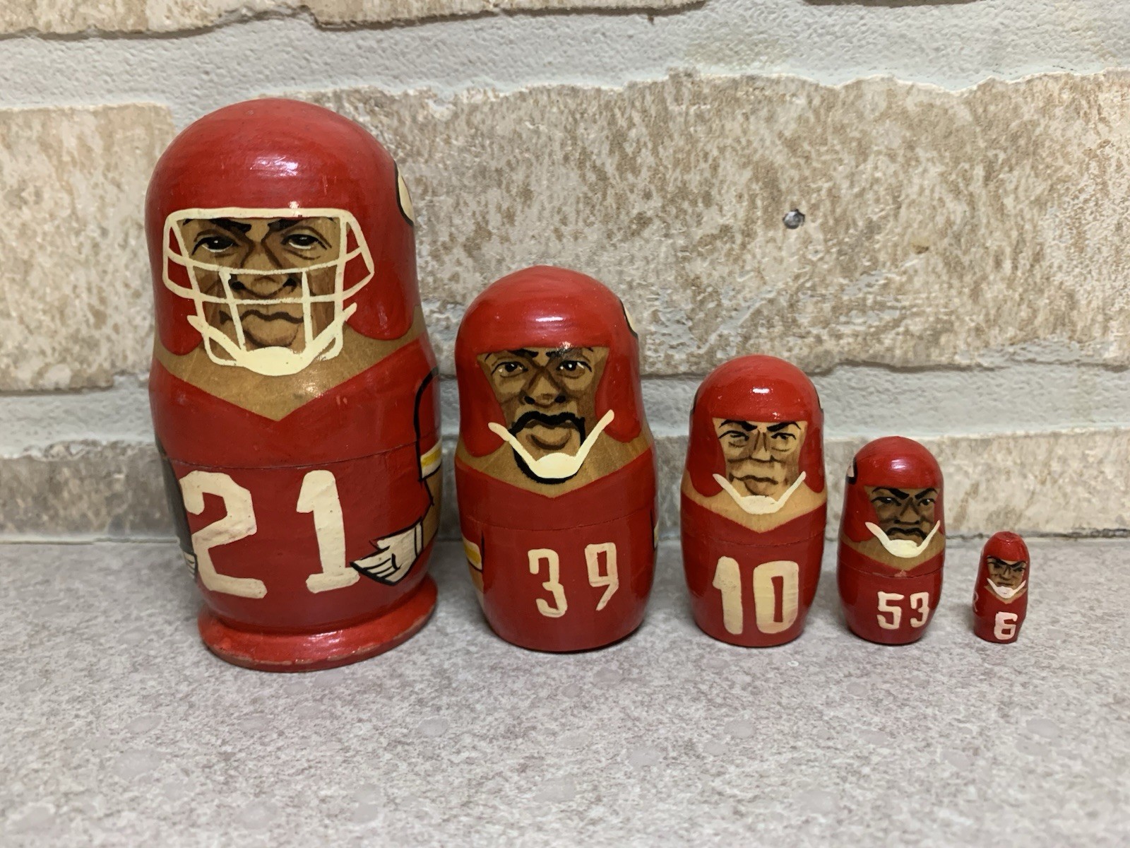 Vintage Kansas City Chiefs 3” Wood Russian Nesting Dolls Football 5 Piece