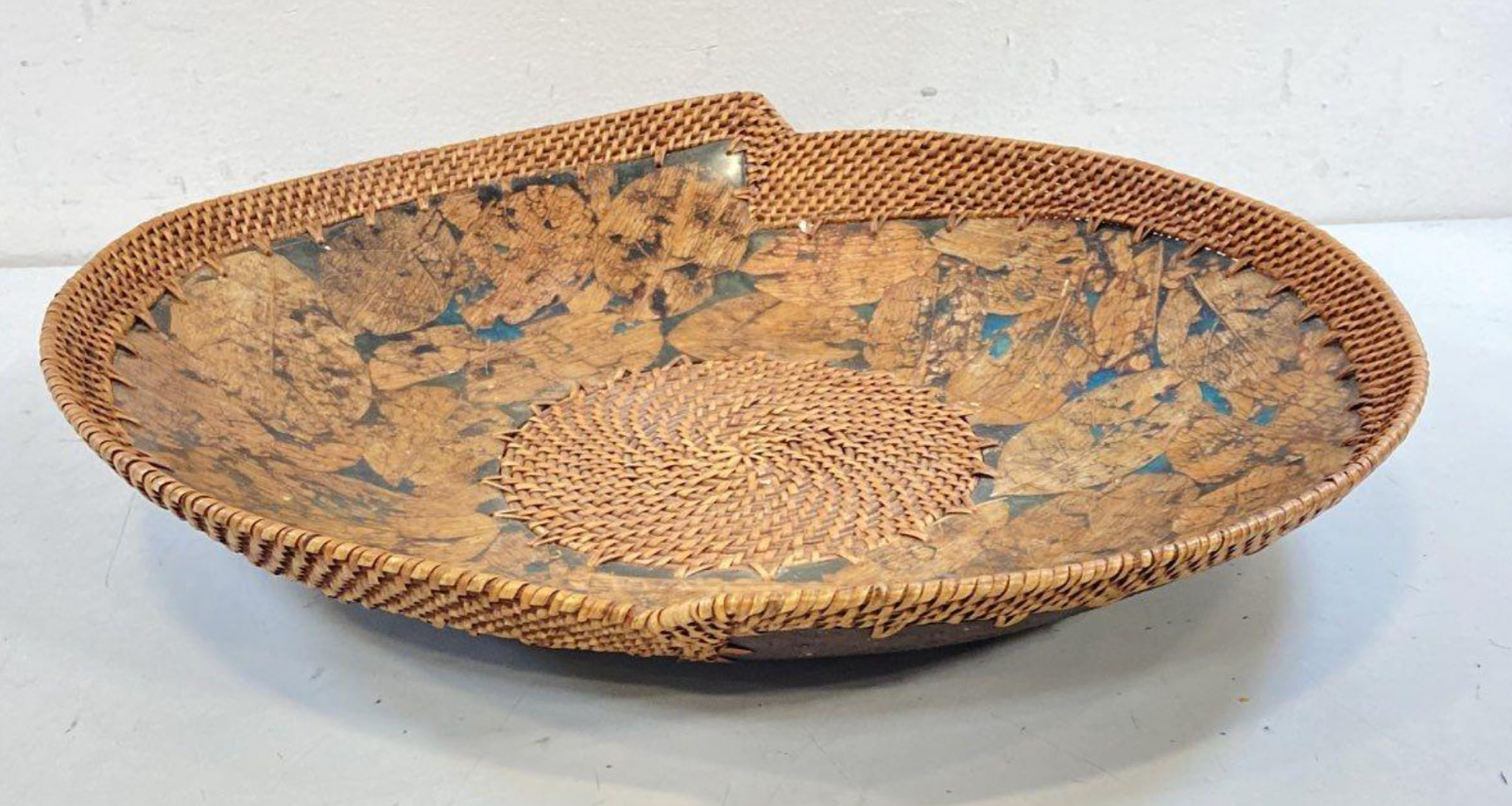 Vintage 1980s Palecek Mid Century Modern Leaf Design Rattan Wooden Bowl  ~20”