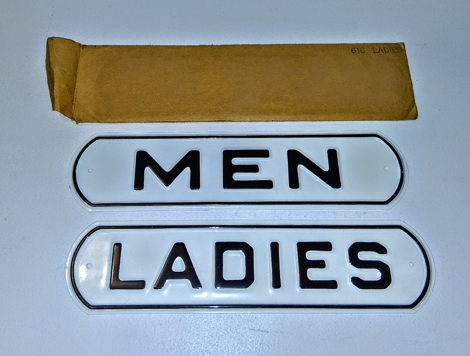Vintage NOS Embossed Metal Restroom Signs Ladies Men Matching Pair Gas Station