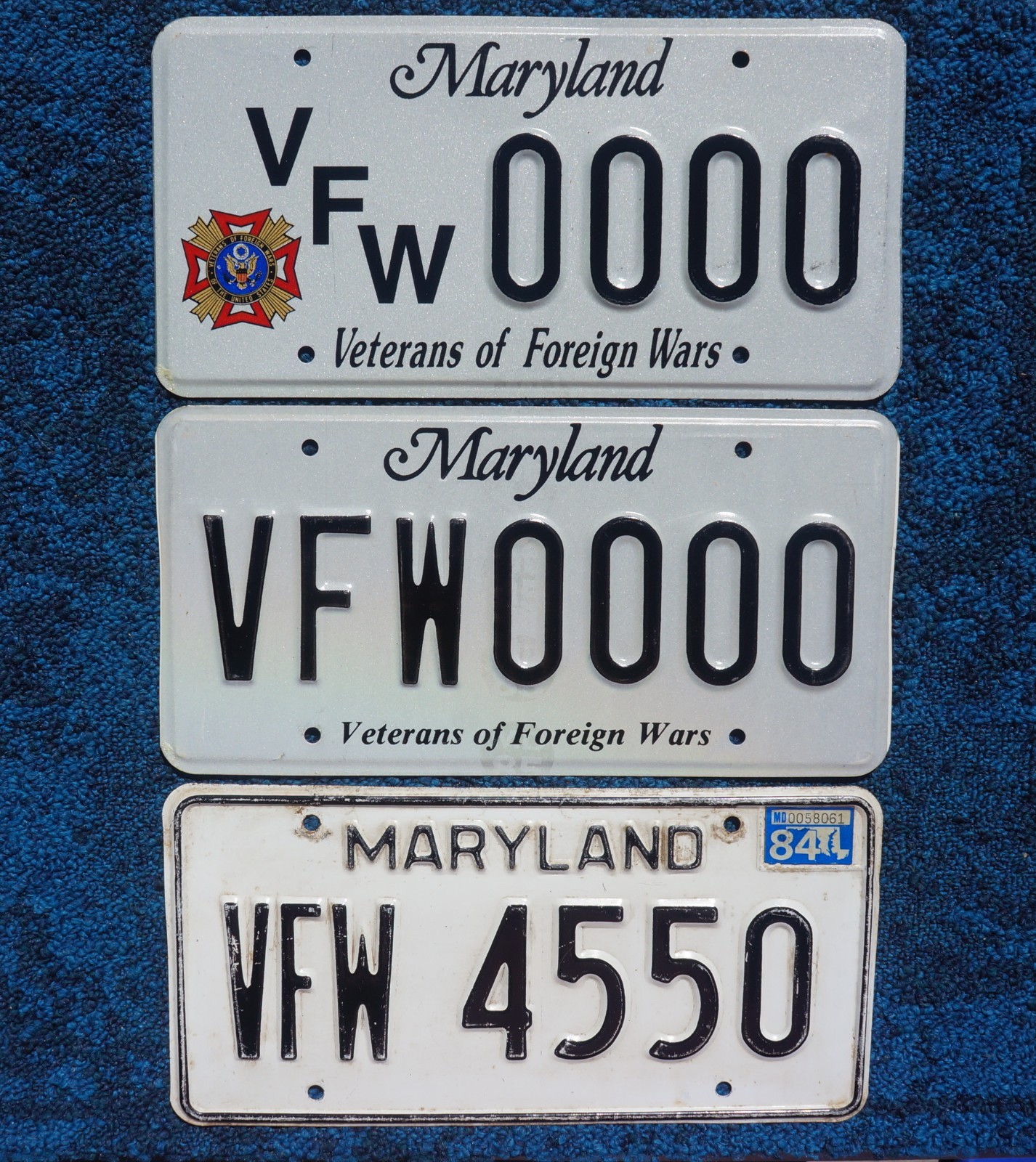 LOT of 3 MARYLAND VFW License Plates - VETERAN OF FOREIGN WARS - Plate Sample