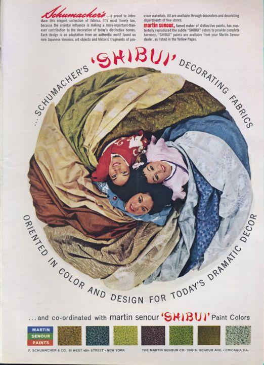 1960 Schumacher's PRINT AD 'Shibui' decor fabrics & Martin Senour paints  