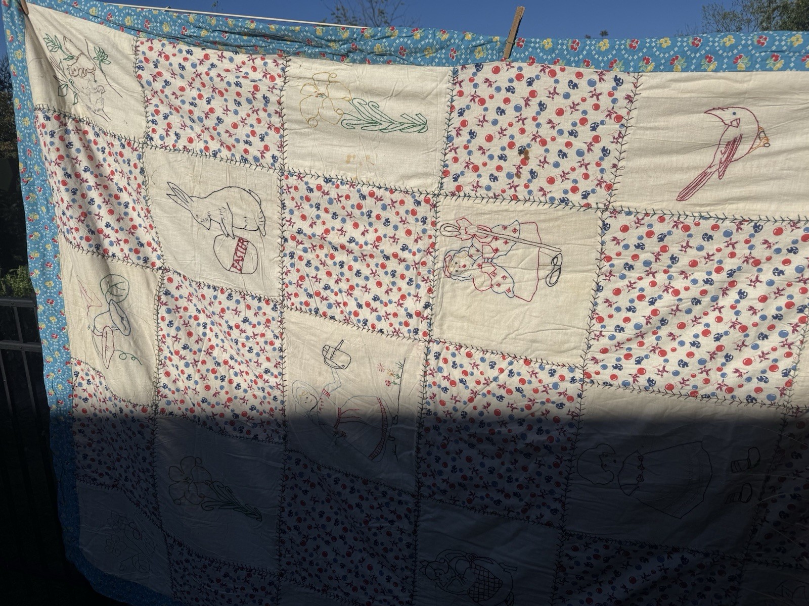 vintage Embroidered Child’s Feed Sack Quilt 64 X 88
