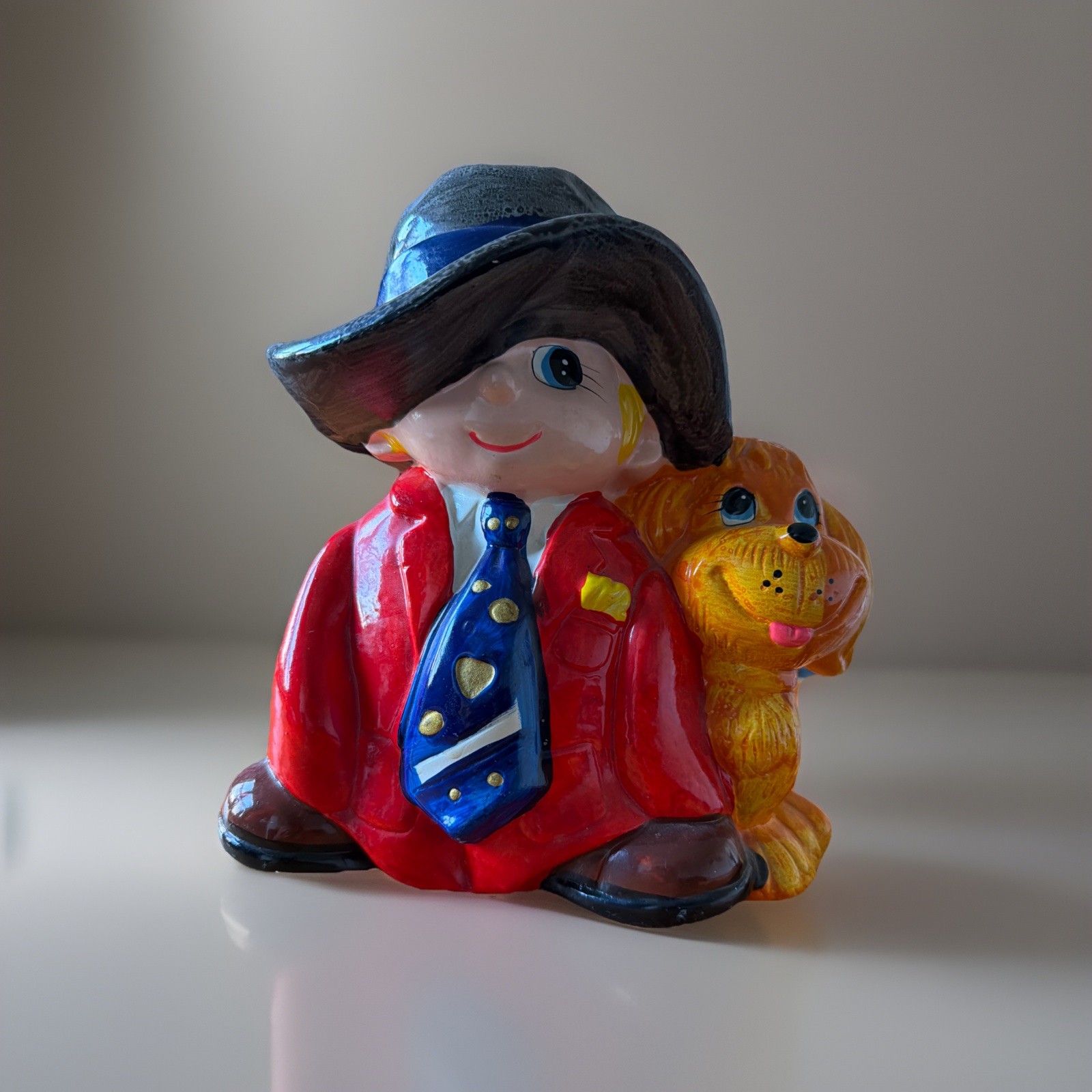 Vintage Ceramic Bank Little Boy in Oversize Adult Hat Tie Coat Shoes w/ Dog
