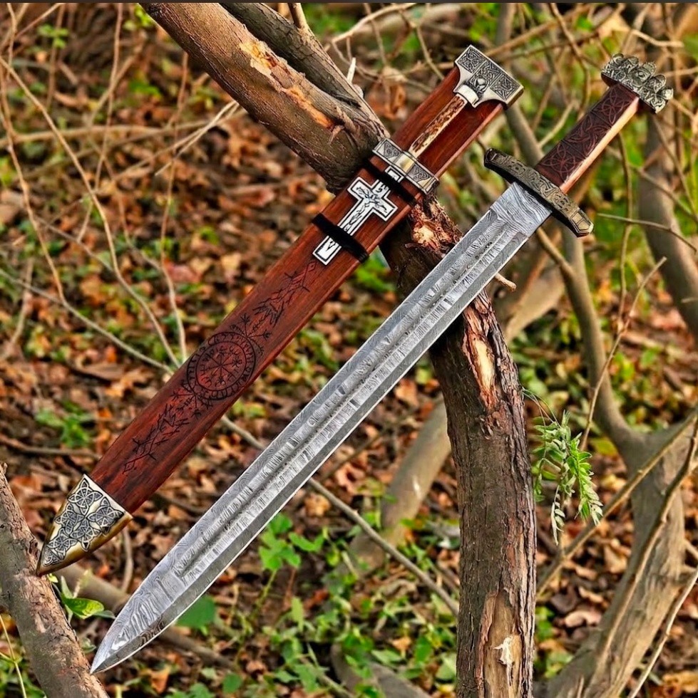 Handmade 38'' Damascus Steel Viking Sword with Scabbard - Gift for Collectors