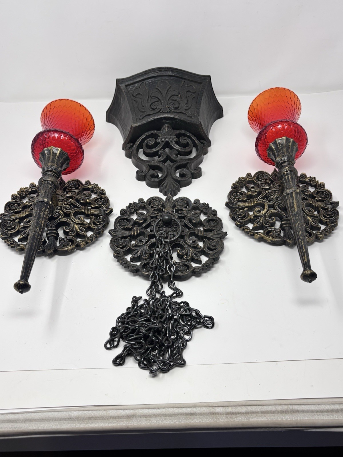 Vtg 1970s Homco Dart Ind Gothic 6 Pc Wall Pocket Planter Sconces Ruby Red Glass