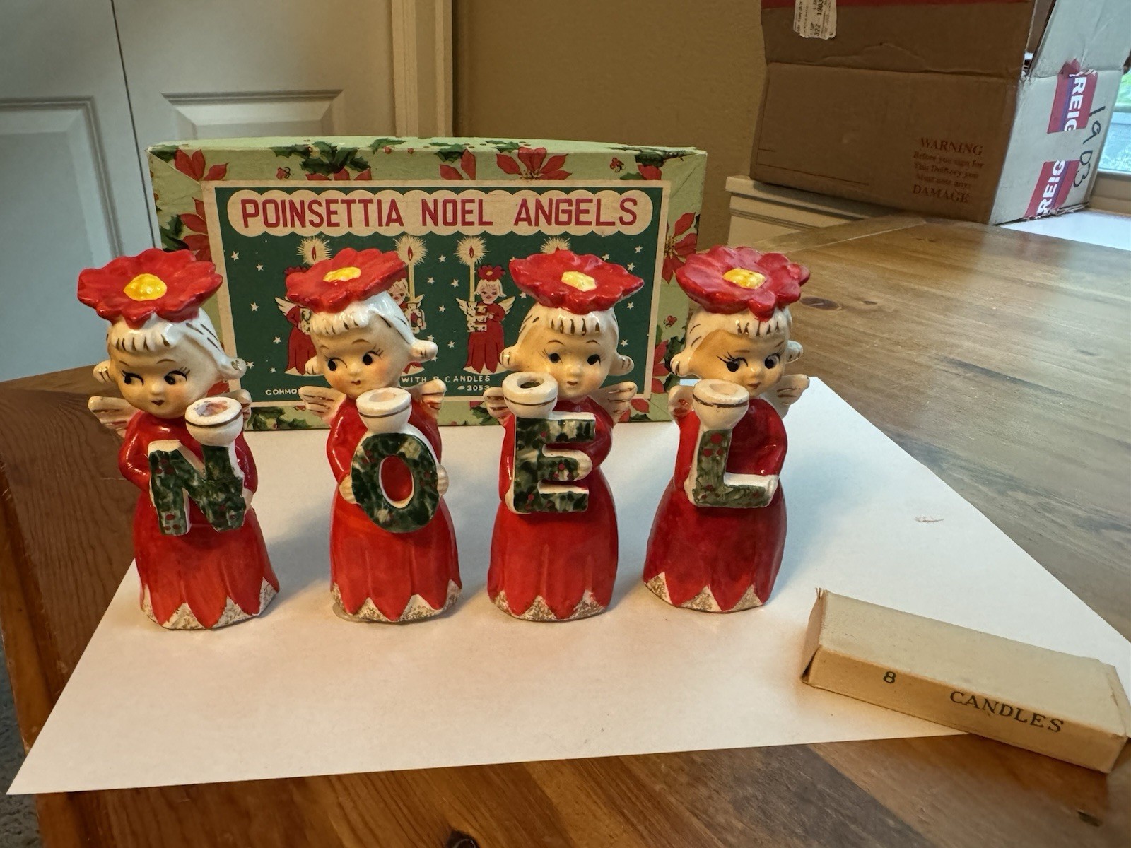 Vintage Commodore Ceramic Christmas NOEL poinsettia Angel Candle Holders,box,can