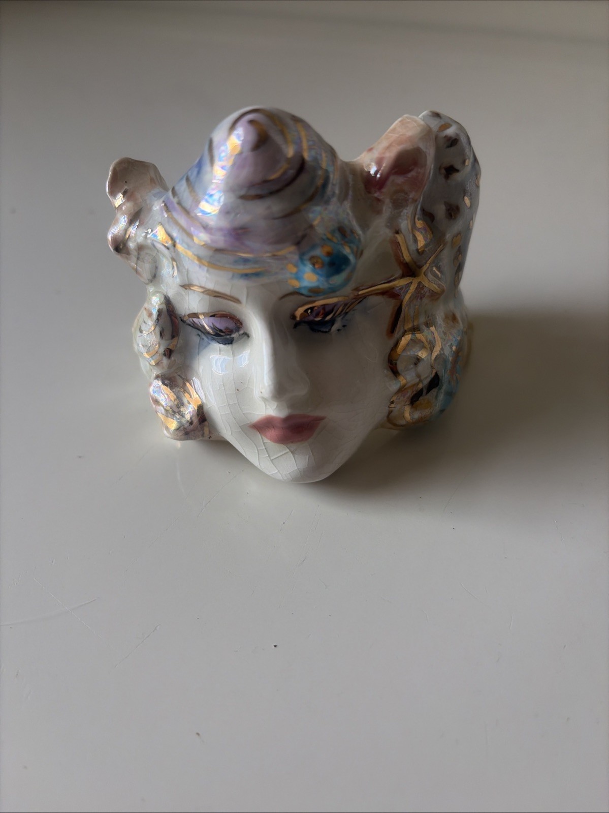 Vintage Art Nouveau Ceramic Glazed Sculpture Of Young Woman’s Head Seashells