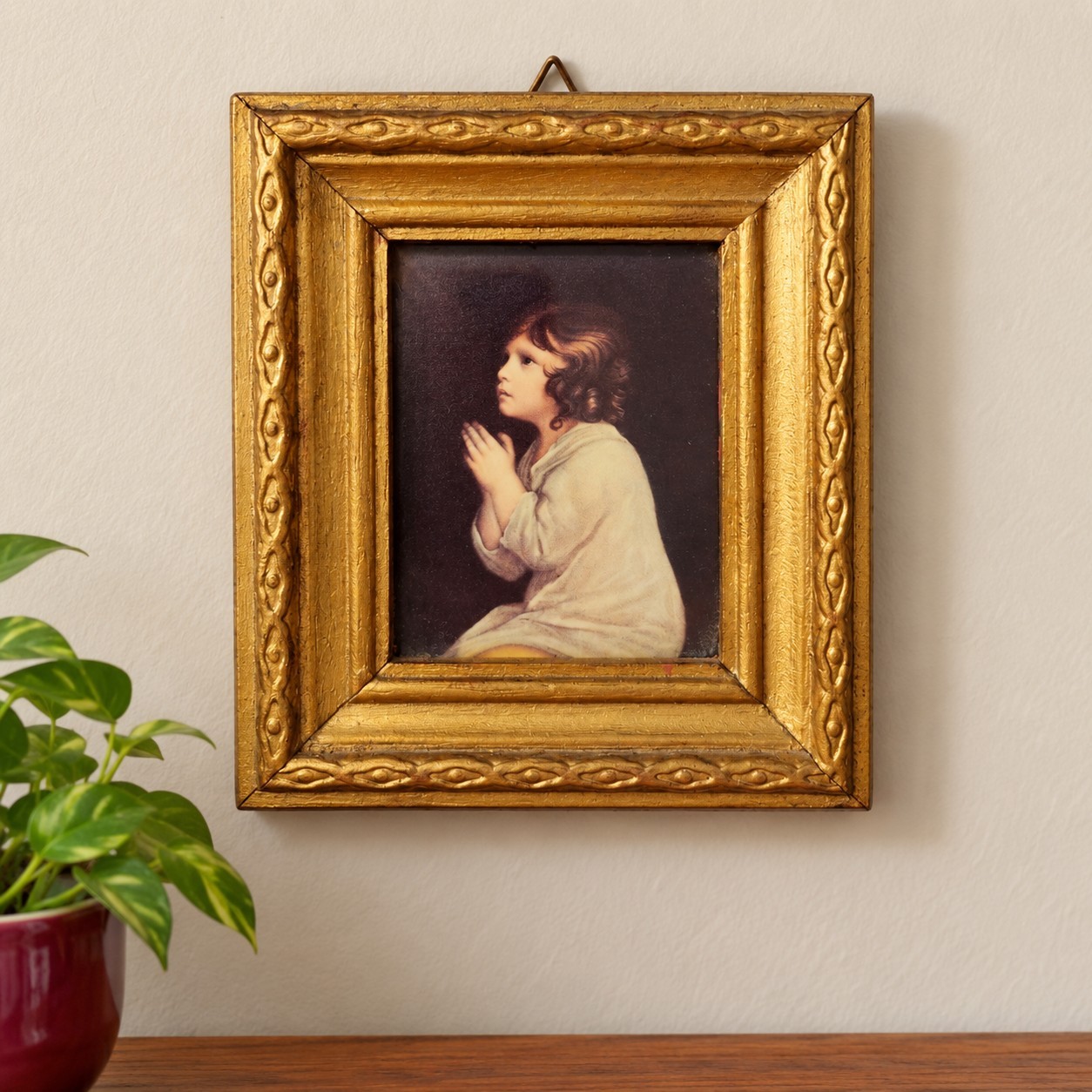 Vintage Made In Italy Ornate Picture Frame Little Girl Praying Italy Retro
