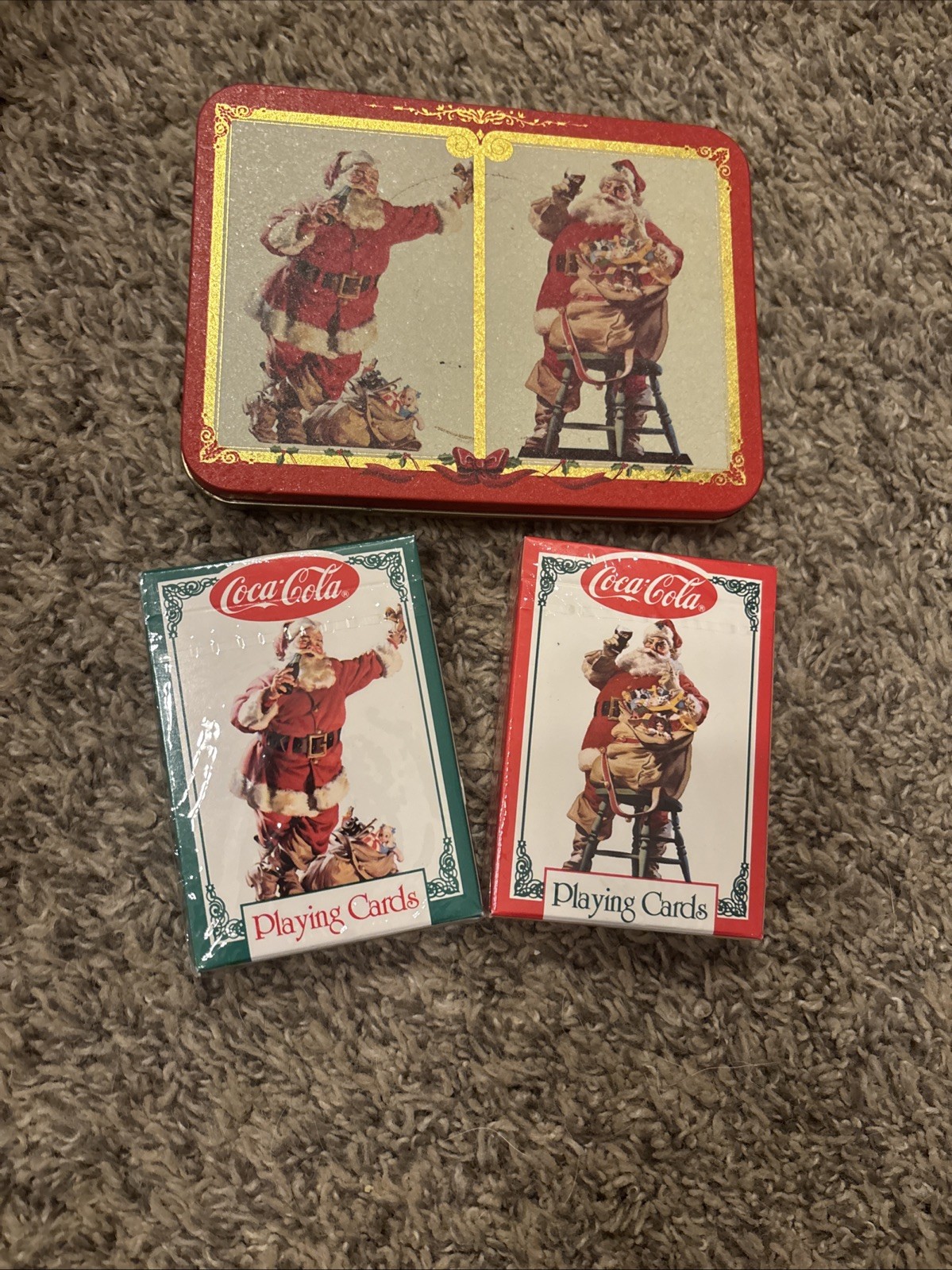 NWOT Vintage 1994 Coca-Cola Playing Cards 2 Decks Santa Christmas Tin Sealed
