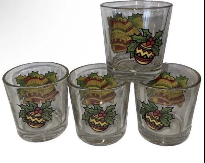Fun Vintage Mcm Barware Glass Low Ball Glasses Set Of Four Christmas