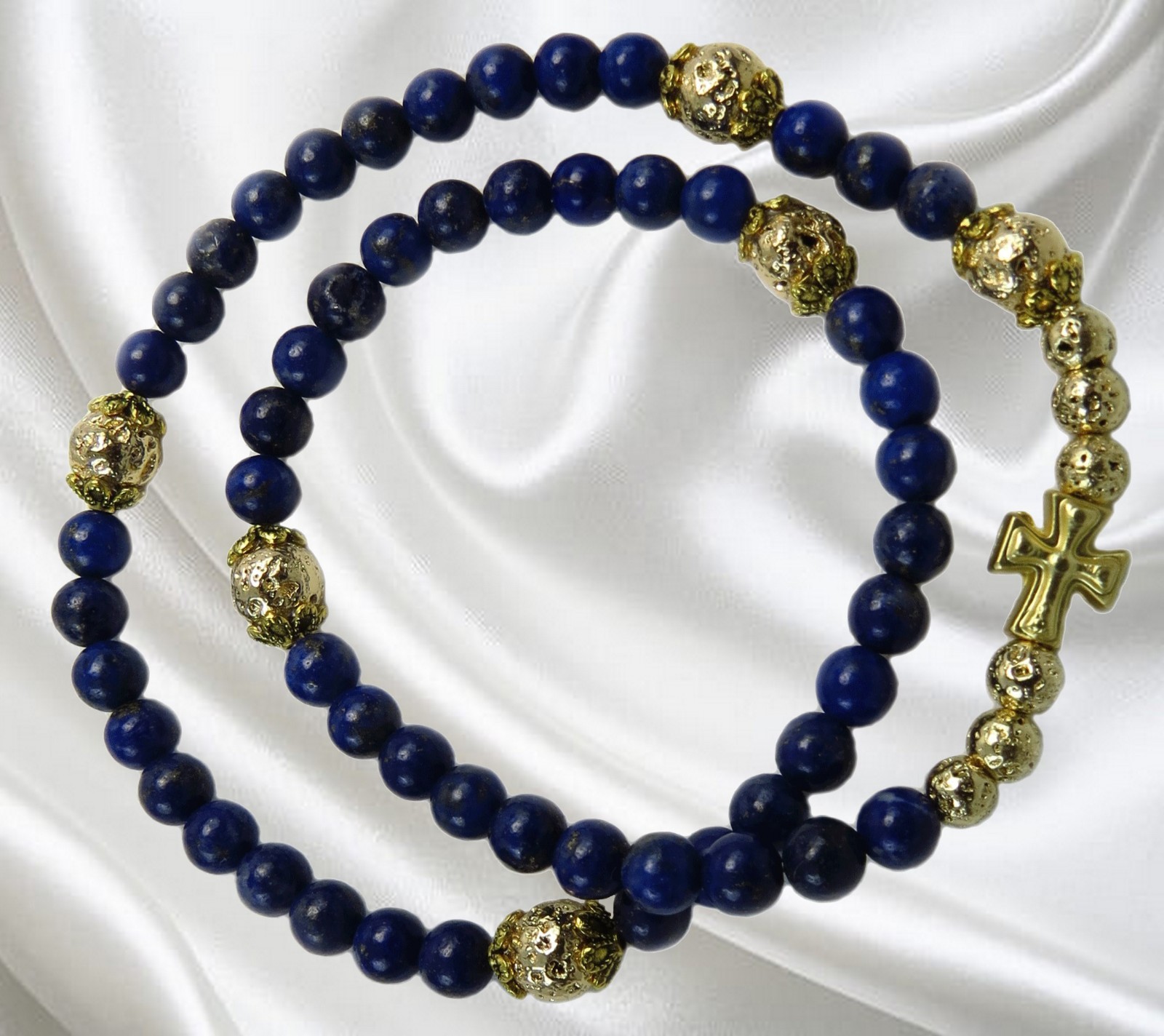 Handmade Five Decade Catholic Rosary Bracelet, Lapis Lazuli and Lava Rock Beads