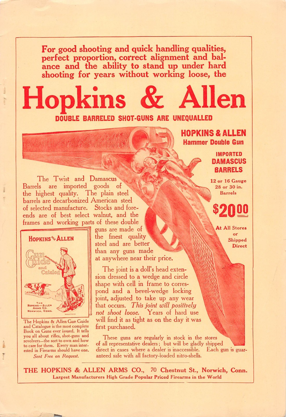 1907 HOPKINS & ALLEN double barreled shot gun HAMMER DOUBLE GUN antique ad