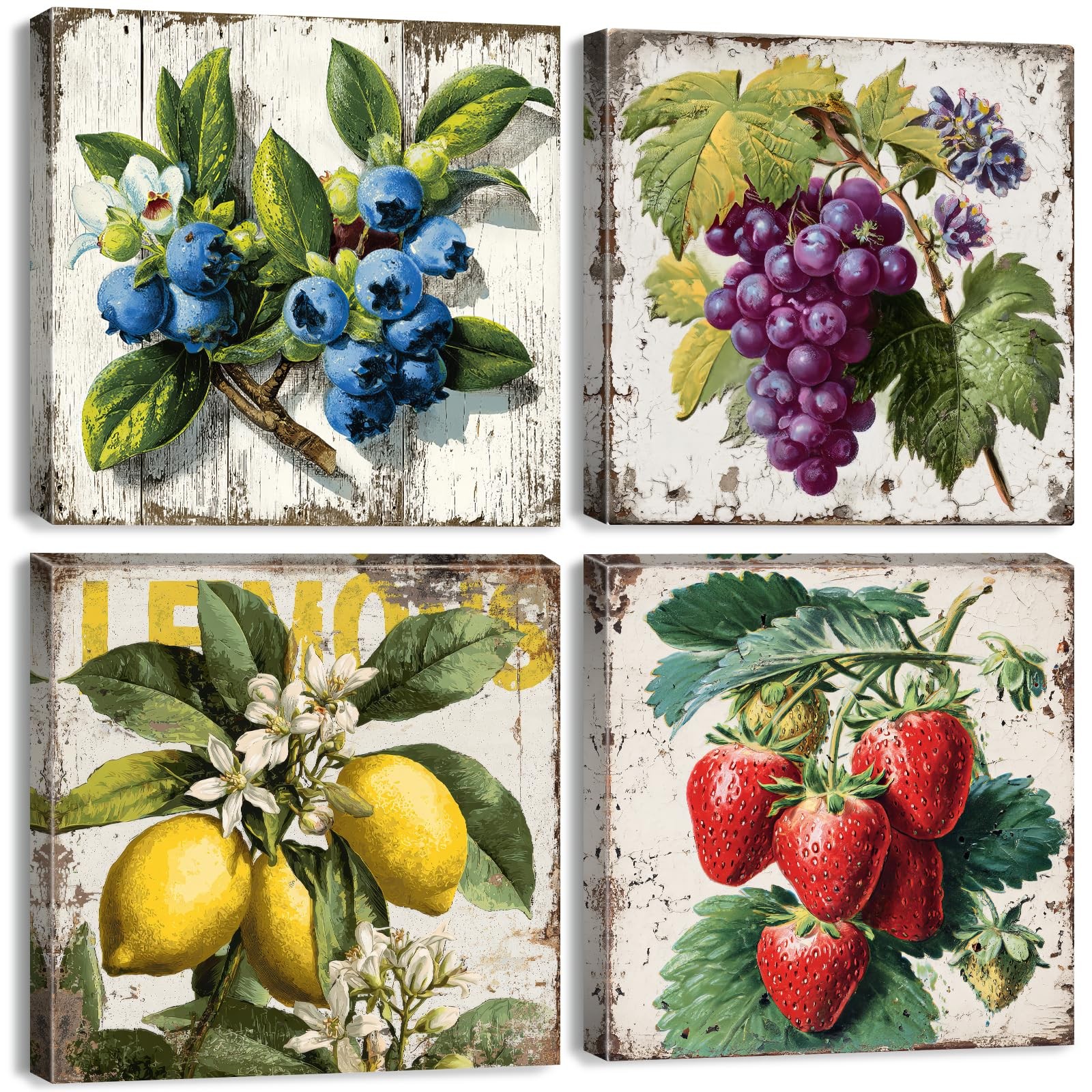 AREBOLO Vintage Fruit Wall Art Farmhouse Kitchen 12x12\