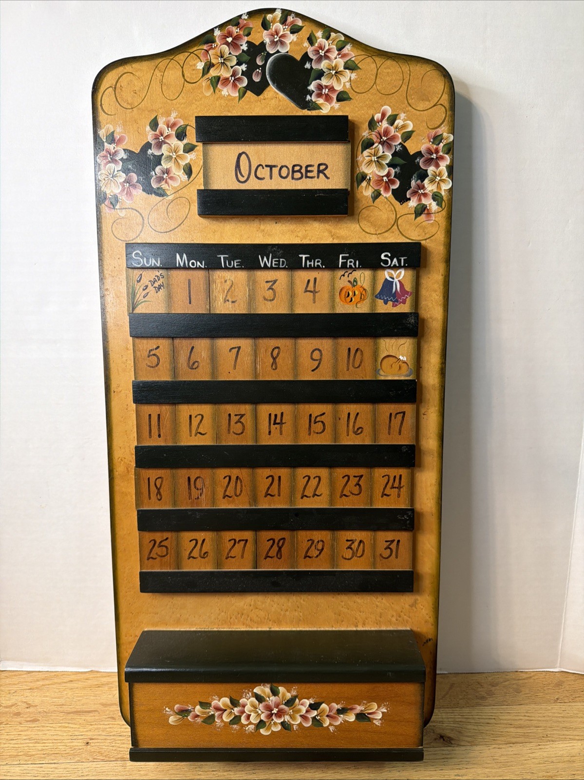 VTG Handmade Wood Perpetual Calendar Hand Painted Country Folk Art Wall Decor