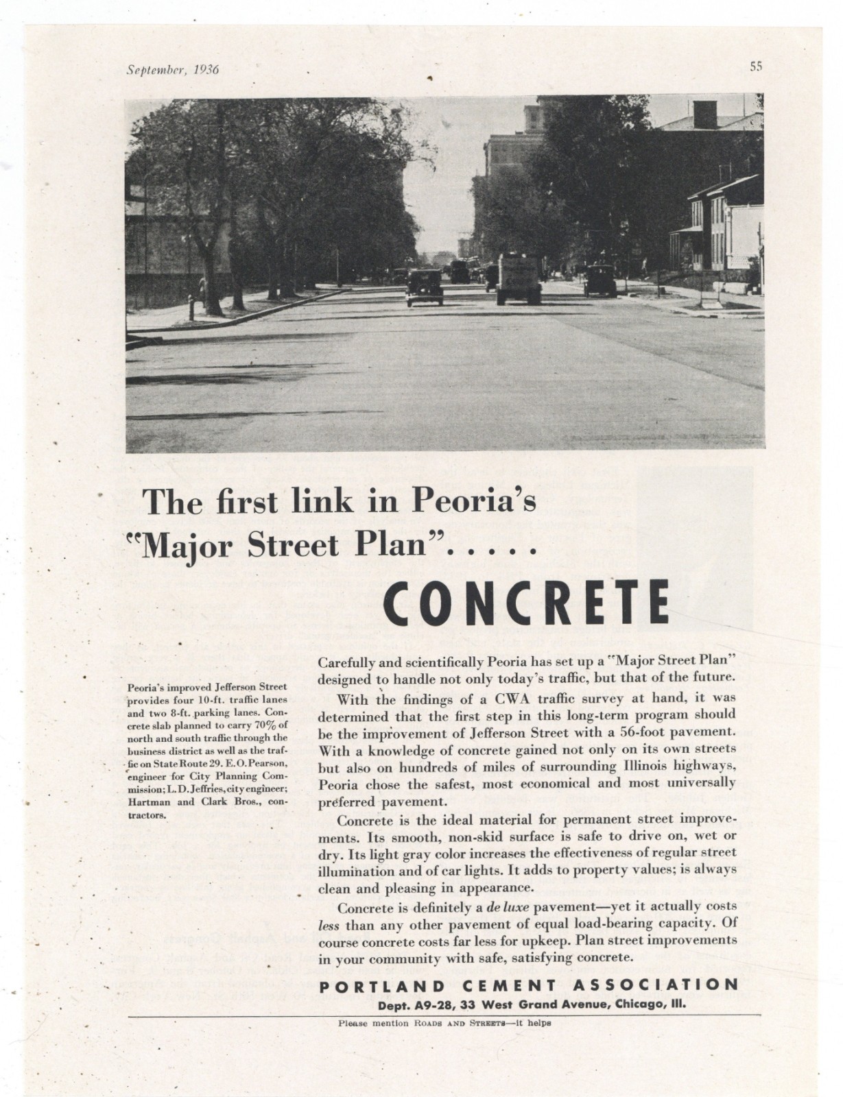 1936 Portland Cement Ad: Peoria Illinois - Jefferson Street Scene Pictured