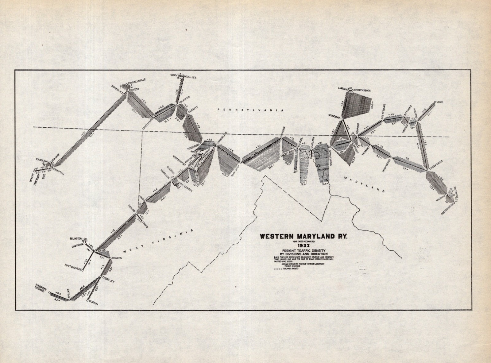 1932 Antique Western Maryland Railway Map Freight Traffic Density Map 2732