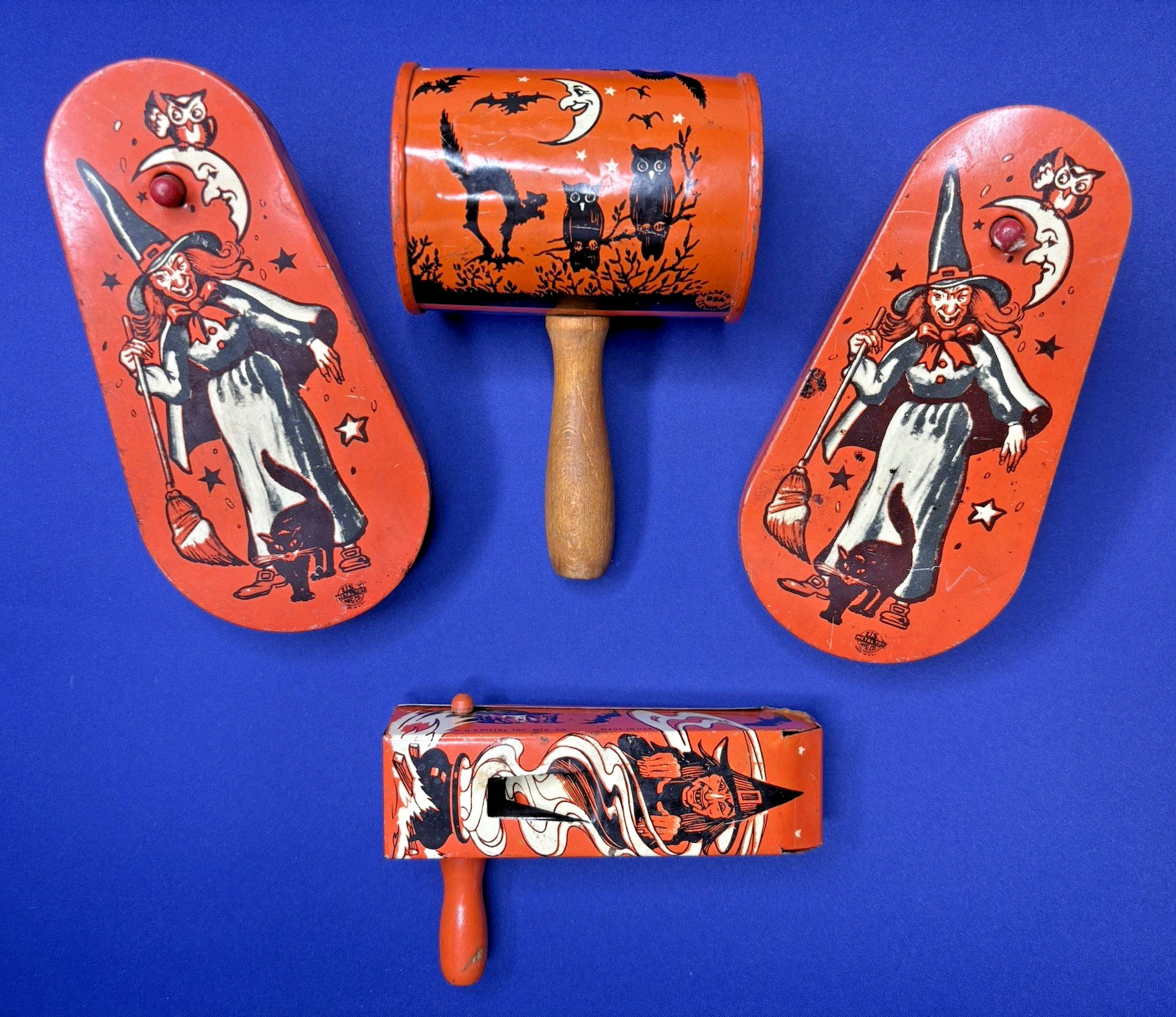 Vintage US Metal Toy Halloween Tin Litho Noisemakers Lot of 4 Witch Cat Owl