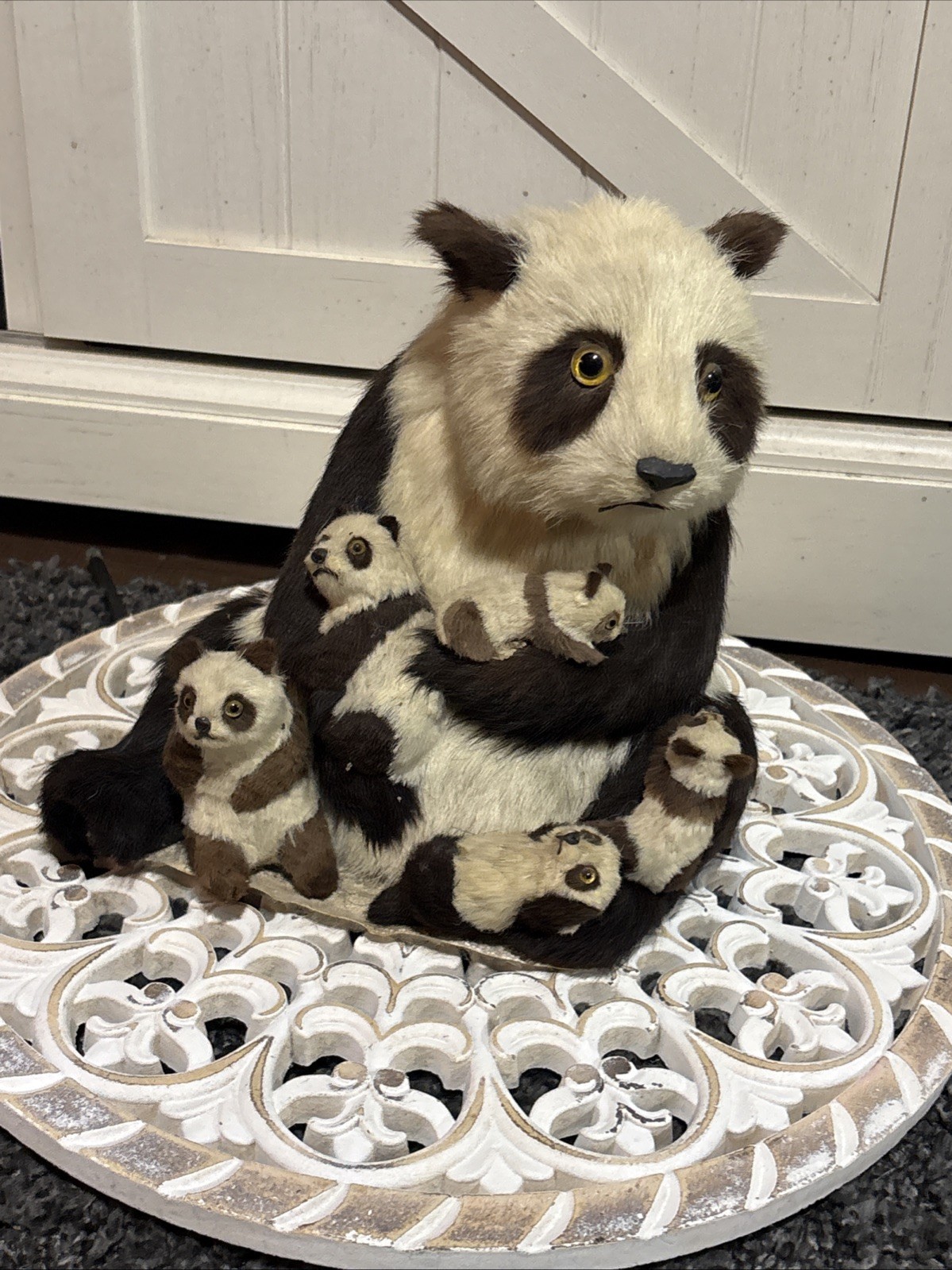 Vintage 1970s Fur Mother Panda Bear & 5 Cubs Figurine Collectible Animal Decor