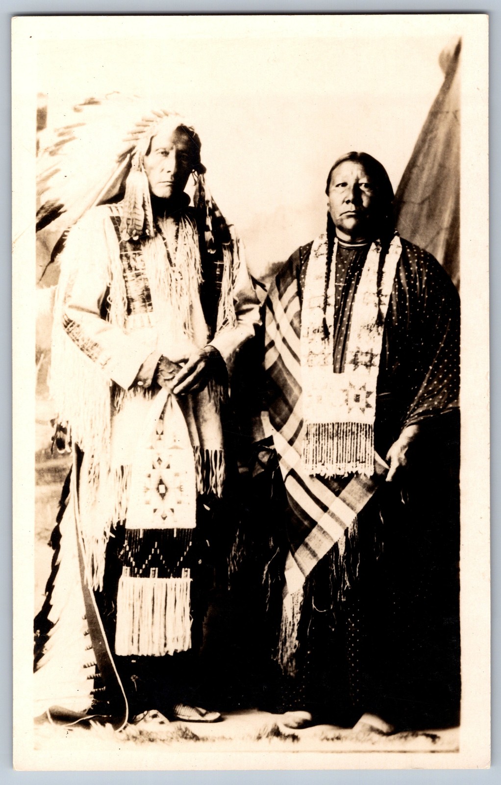 Native American RPPC Two Chiefs War Bonnet Beadwork Plains Indian c1910s