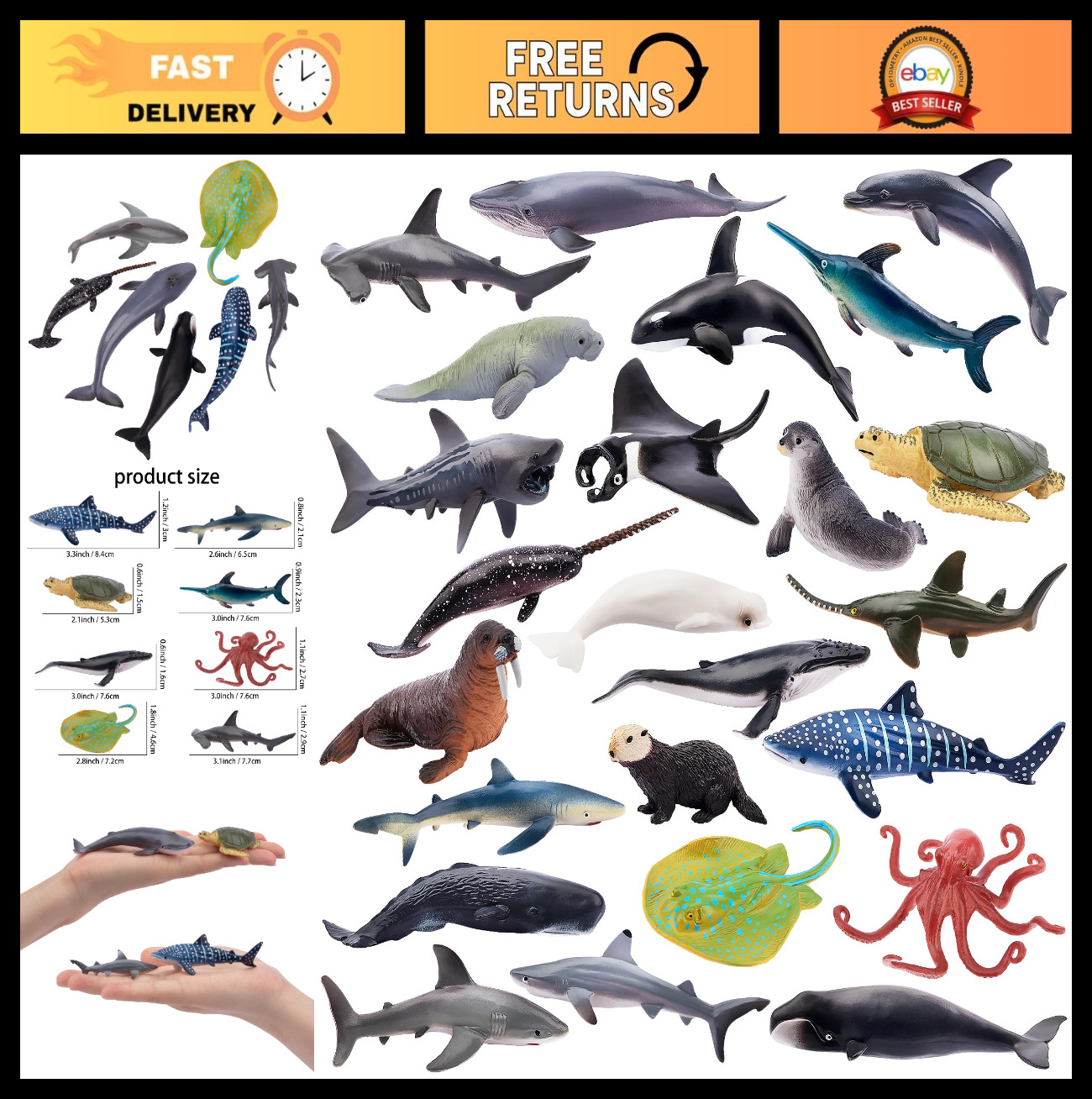 24pcs Mini Ocean Animal Figurines - Realistic Cake Toppers, Sharks, Whales & Oct