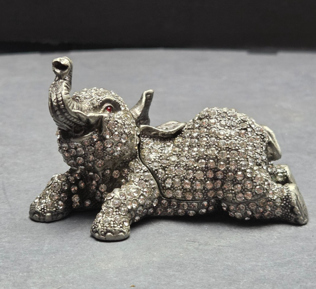 CIEL Jeweled Elephant Trinket Box Rhinestone Crystal Hinged Silver Figurine
