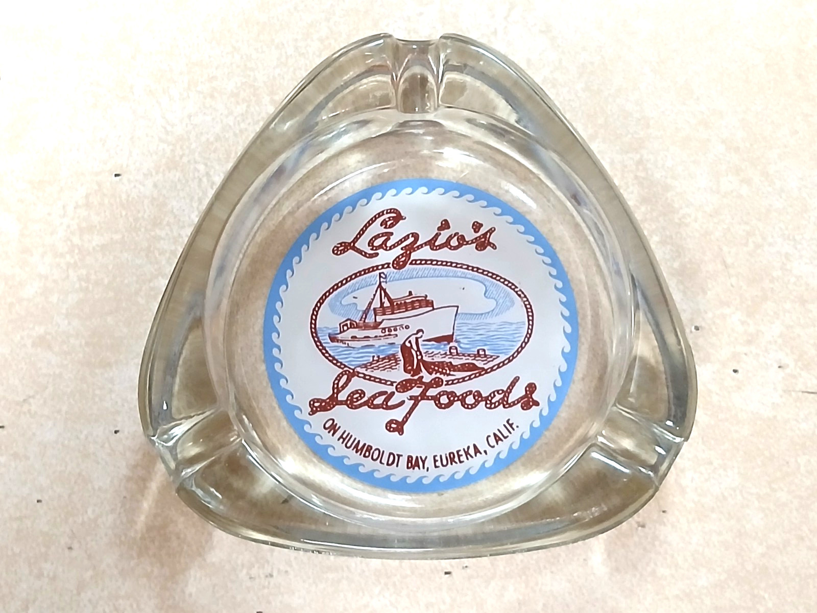 Vtg Lazio's Sea Foods Humboldt Bay Eureka Calif 3-Slot Triangular Glass Ashtray