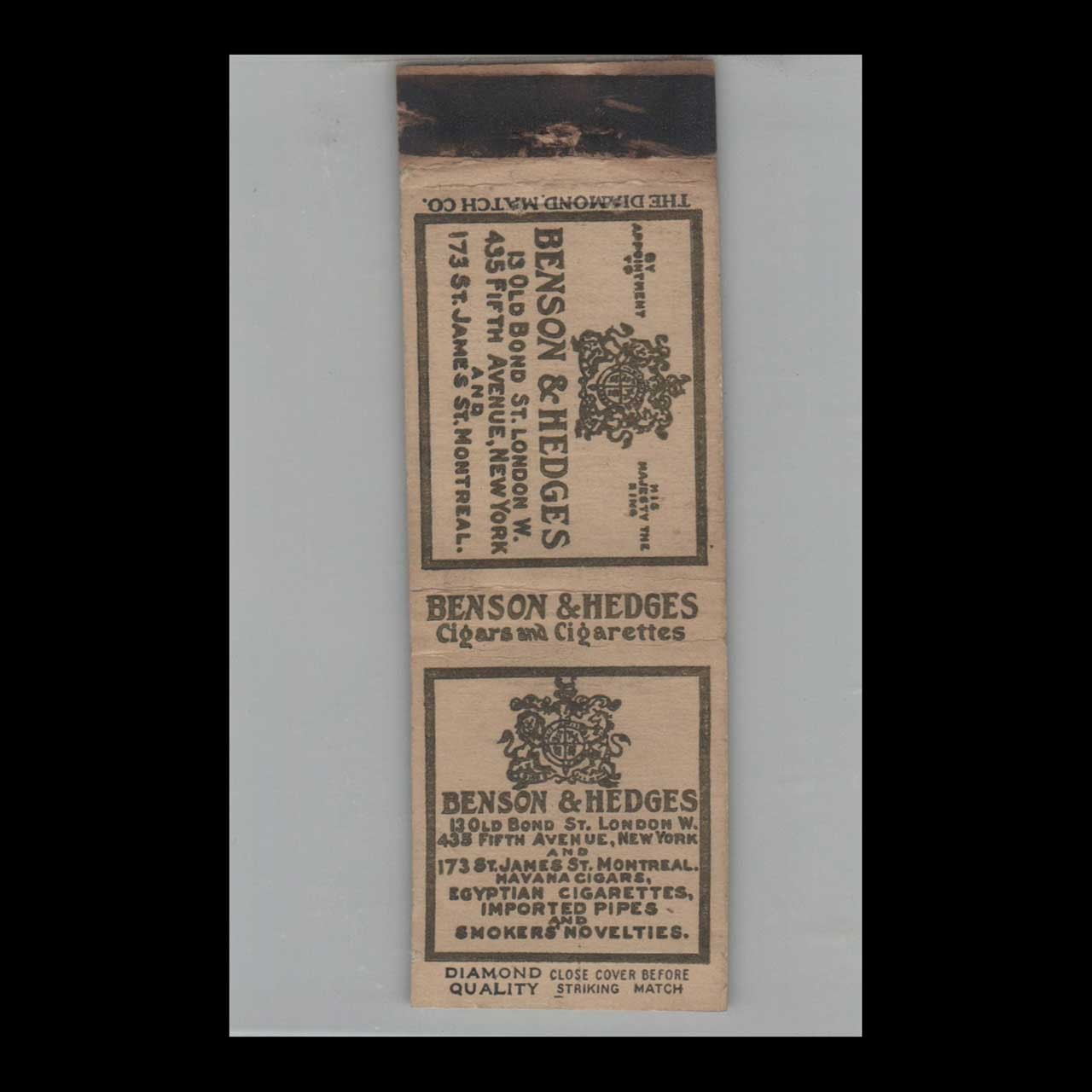 1930s Matchbook Cover Diamond Quality Benson & Hedges Cigars & Cigarettes