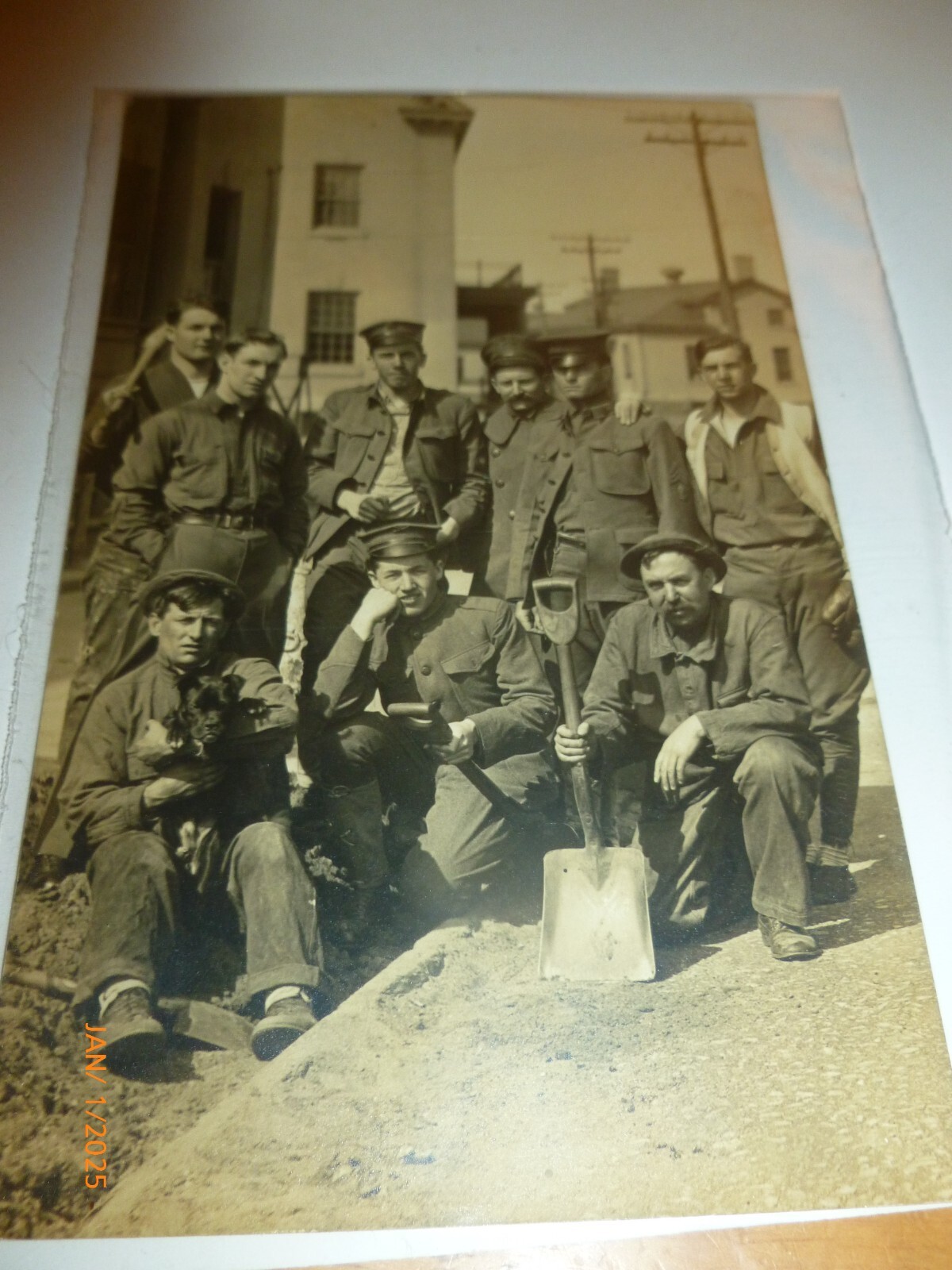 1914-1918 WWI Military Soldiers With Dog And Shovel Sepia RPPC