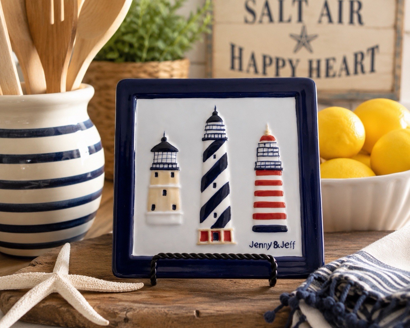 VTG Cecil Saydah Jenny & Jeff Lighthouse Ceramic Tile Trivet Nautical Coastal