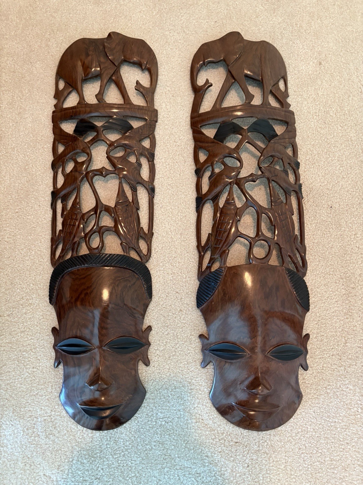 Large Pair Hand Carved African Hardwood Masks Botswana Elephant Wall Art 30”