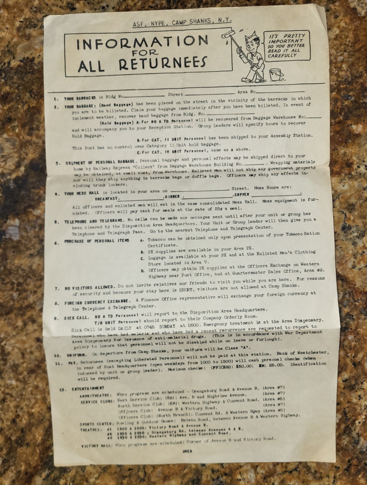 1944 WWII Camp Shanks ASF, Orangeburg, New York Information Sheet for Returnees
