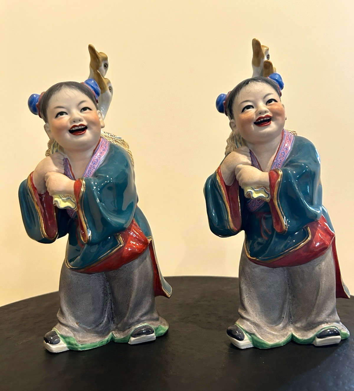 Vintage Chinese Porcelain Bisque Figurines of Boy with Goose