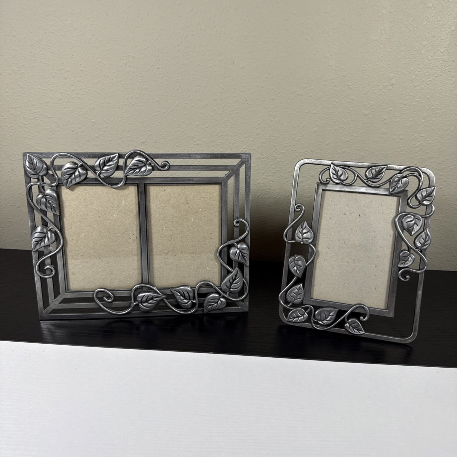 VTG Art Nouveau Leaf Vine Picture Frame Pair 3.5x5  Pewter Look Connoisseur