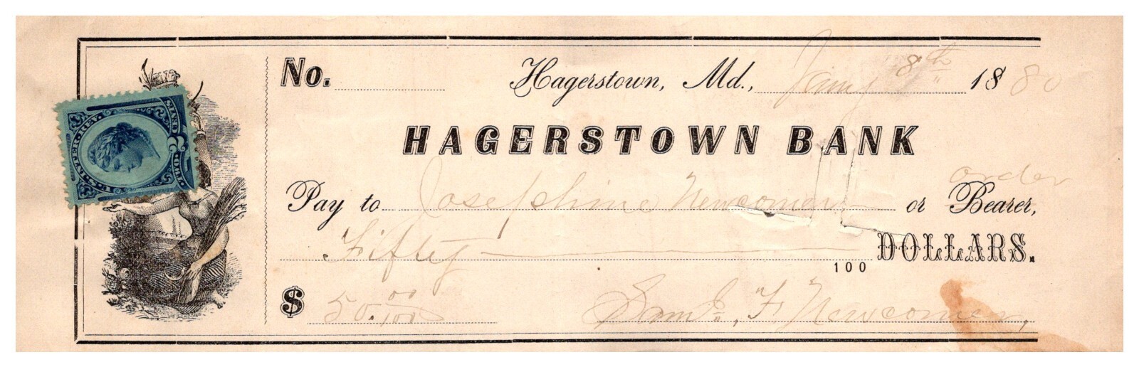 1880 Signed Check Hagerstown Bank MD Maryland Samuel f Newcomer Josephine Stamp