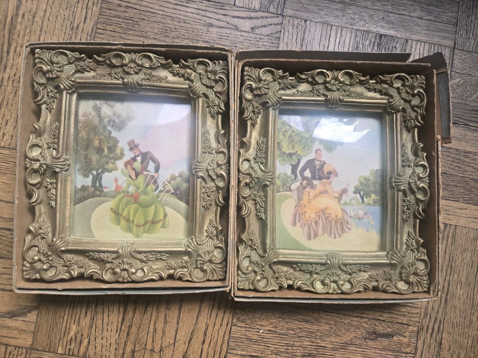 Set 2 Vintage Benton Glass Co. Convex Glass Courting Couples Framed Lithographs