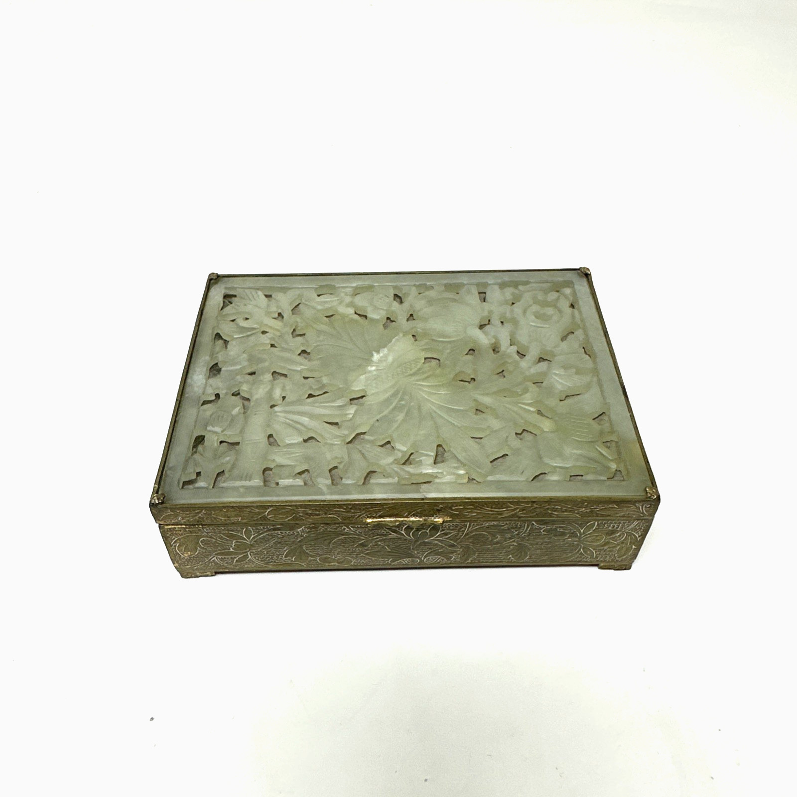 Vtg Small Chinese White Jade Floral Engraved Brass Cigarette Box GLASS HAS CRACK