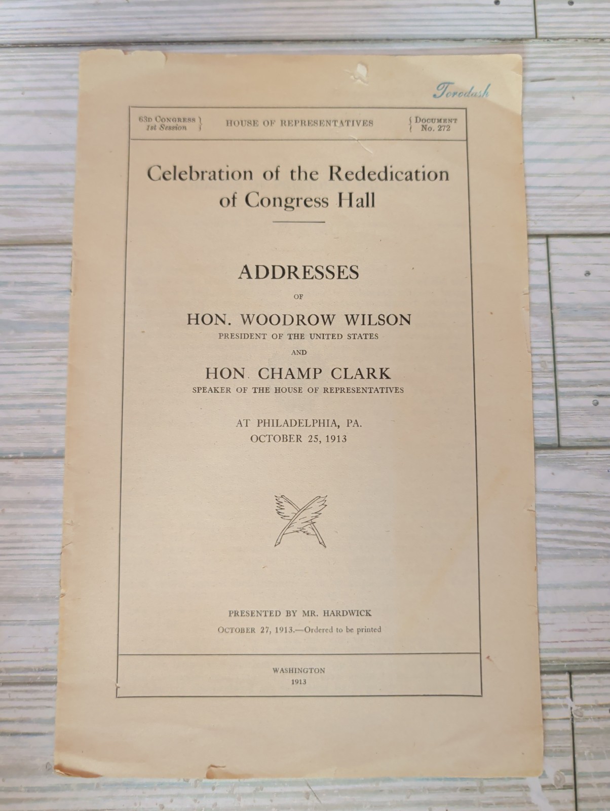 1913 Woodrow Wilson Rededication of Congress Hall Program Philadelphia PA