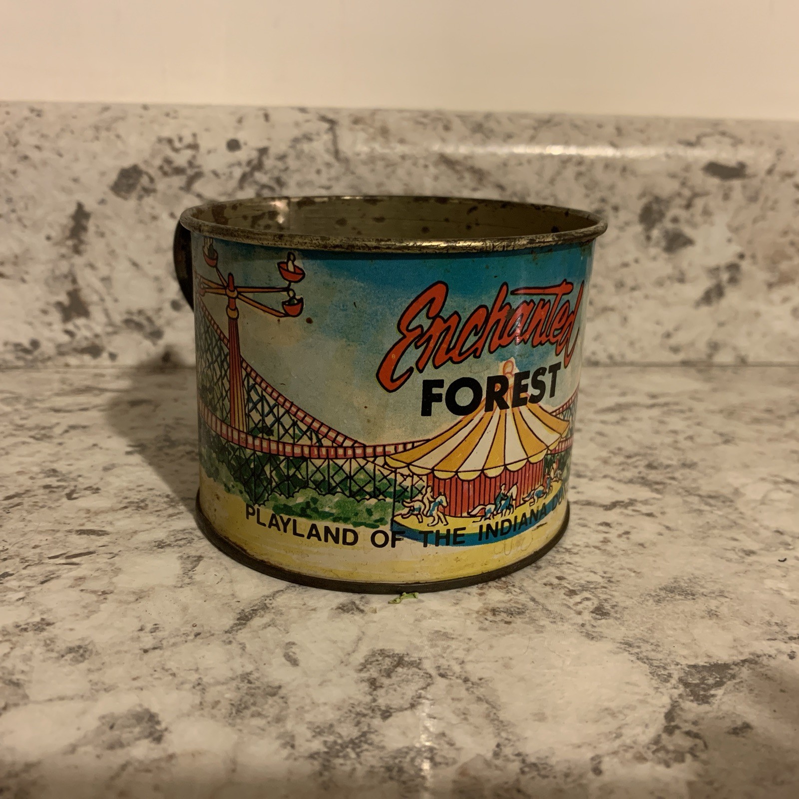 Vintage Enchanted Forest Metal Souvenir Mug Indiana Dunes Defunct Amusement Park